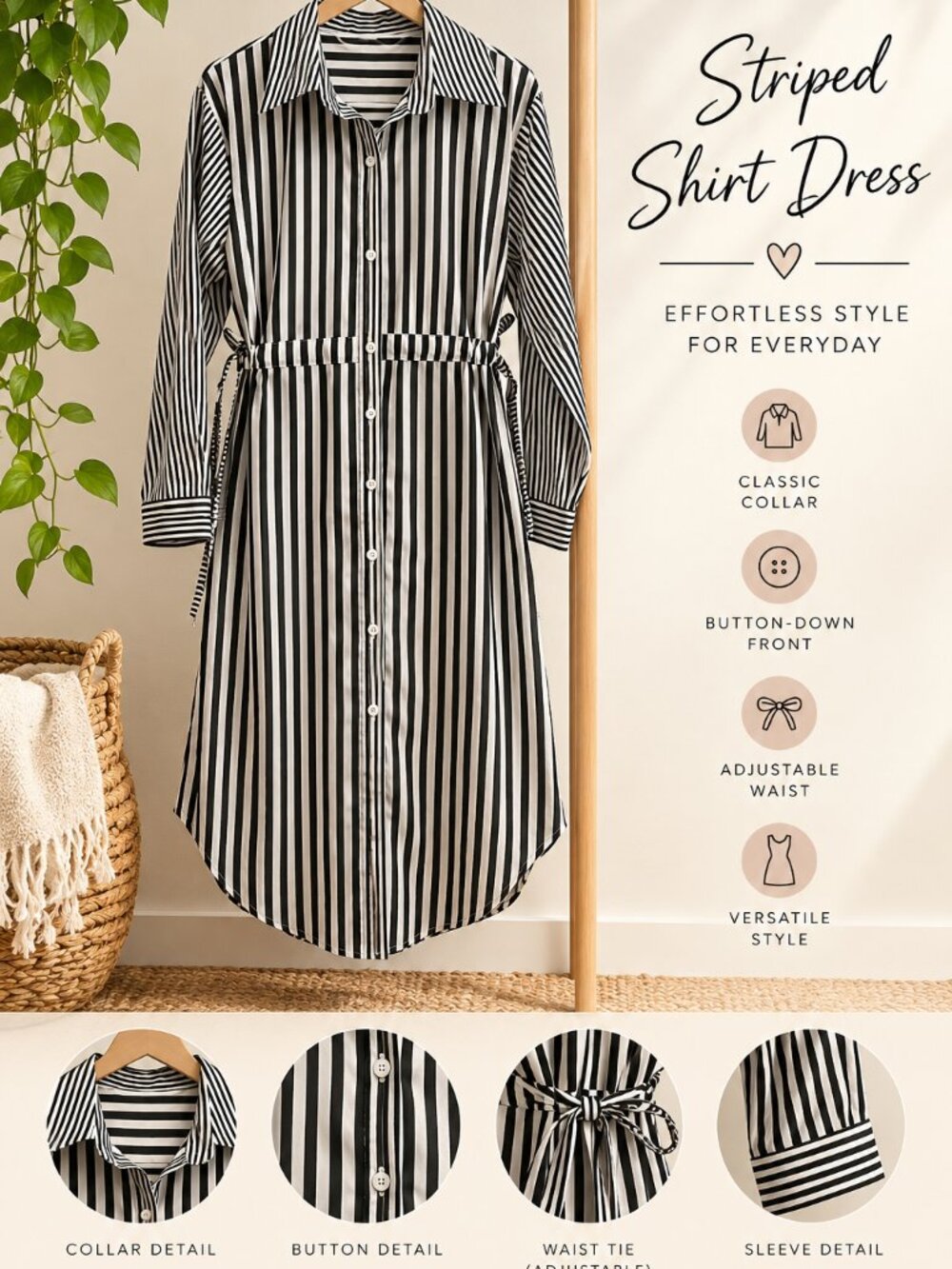 Unbranded Bangkok Black & White Striped Shirt Dress – S/M